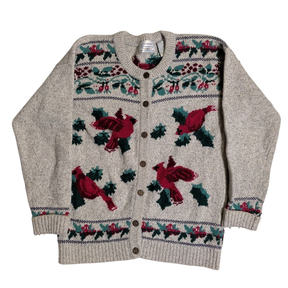 Vintage Northern Treasures Cardigan Sweater Womens Size M Floral Birds Nature